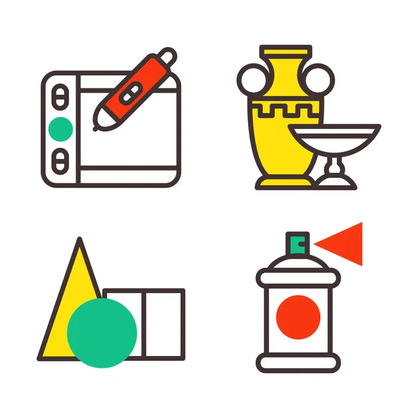 Conjunto de iconos de arte en el diseño plano de la cámara de imagen pincel paleta símbolos de entretenimiento y artista tinta gráfico color creatividad película colección vector ilustración . — Archivo Imágenes Vectoriales