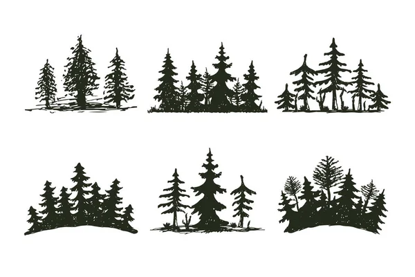 Venkovní strom cestovní černá silueta jehličnatých přírodní odznak, topy borovice smrkové větve cedr a rostlin abstraktní kmenových listů kreslení vektorové ilustrace. — Stockový vektor