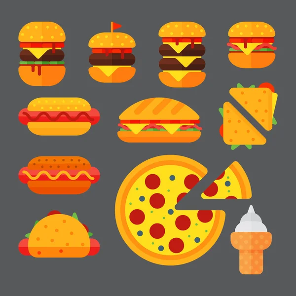 Conjunto de ícones coloridos de fast food de desenhos animados restaurante isolado saborosa carne americana de cheeseburger e ilustração vetor de refeição de hambúrguer não saudável . — Vetor de Stock