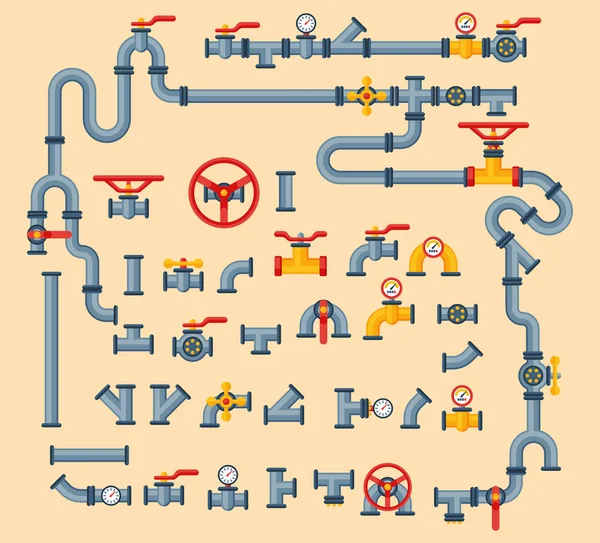 Détails tuyaux différents types de collecte de l'industrie des tubes d'eau construction de soupapes à gaz et huile technologie de pression industrielle illustration vectorielle plomberie . — Image vectorielle