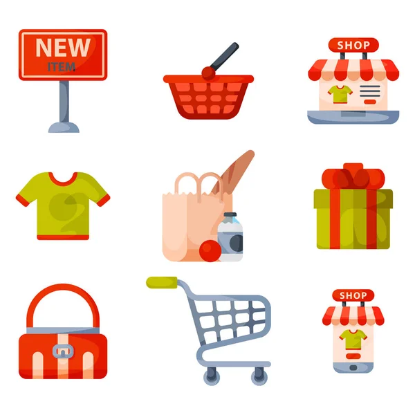 Stormarknad livsmedelsbutiker shopping retro tecknad ikoner set med kundvagnar korgar mat och handel produkter isolerade vektorillustration. — Stock vektor