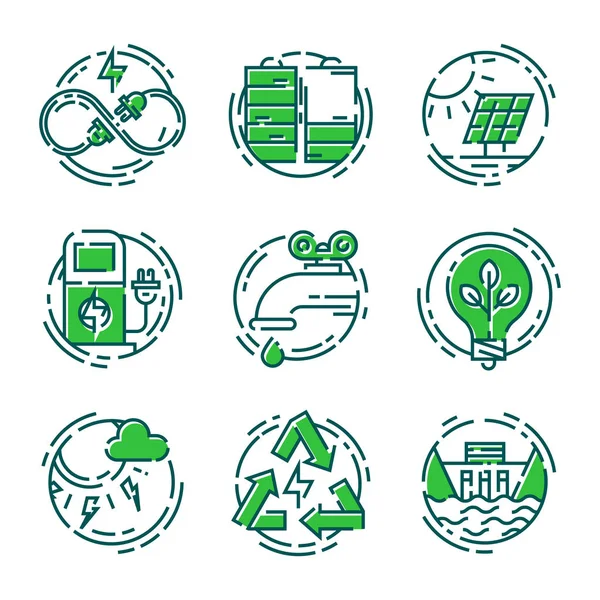 Ecología verde iconos de conservación de energía y esbozar el estilo ecológico mundial vector de poder ilustración . — Vector de stock