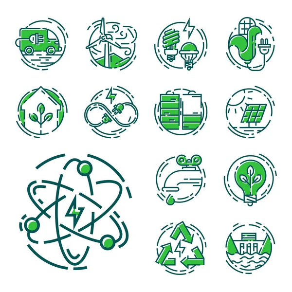 Ecologia verde icone di risparmio energetico e lo stile di contorno ecologico mondo potenza vettoriale illustrazione . — Vettoriale Stock