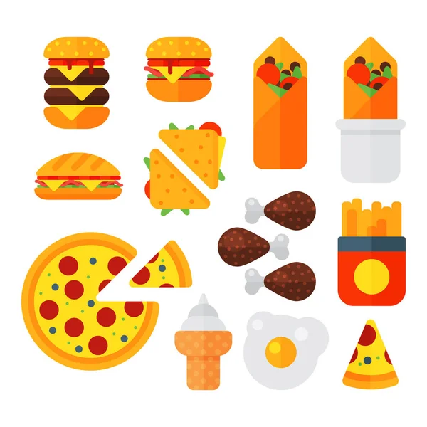 Conjunto de ícones coloridos de fast food de desenhos animados restaurante isolado saborosa carne americana de cheeseburger e ilustração vetor de refeição de hambúrguer não saudável . — Vetor de Stock