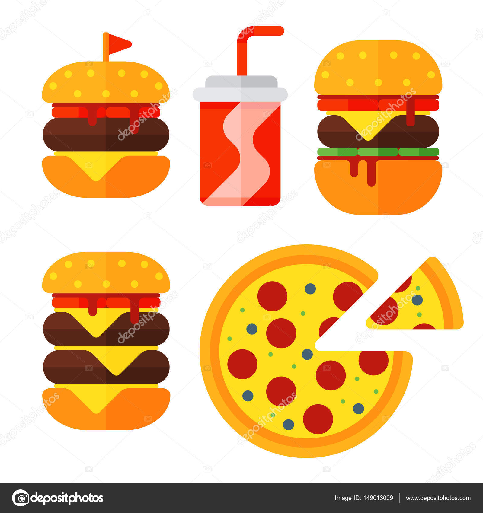 Set of colorful cartoon fast food icons isolated restaurant tasty ...