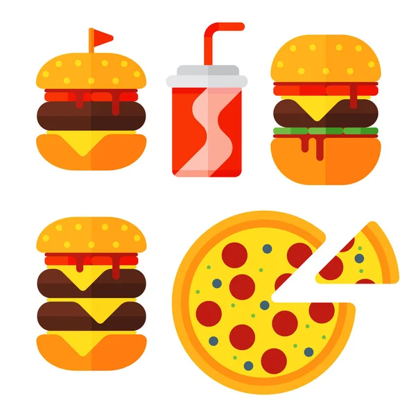 Conjunto de ícones coloridos de fast food de desenhos animados restaurante isolado saborosa carne americana de cheeseburger e ilustração vetor de refeição de hambúrguer não saudável . — Vetor de Stock