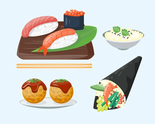 Sushi cuisine japonaise cuisine traditionnelle plat santé gourmet icônes et oriental restaurant riz asie plat repas culture rouleau vecteur illustration . — Image vectorielle