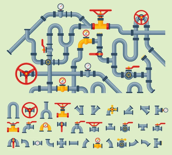 Details Rohre verschiedene Arten Sammlung von Wasserrohren Industrie Gasventilbau und Öl Industrie Druck Technologie Sanitär Vektor Illustration. — Stockvektor