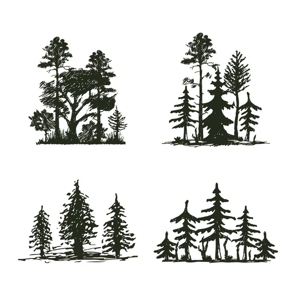 Árbol de viaje al aire libre negro silueta conífera insignia natural, tapas de pino rama de abeto cedro y hoja de planta abstracta dibujo vector ilustración . — Vector de stock