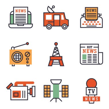 Sıcak haber simgeleri düz stil renkli set web siteleri mobil ve basılı medya gazetesi iletişim kavramı Internet bilgi vektör çizim.