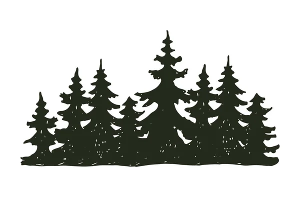 Árbol de viaje al aire libre negro silueta conífera insignia natural, tapas de pino rama de abeto cedro y hoja de planta abstracta dibujo vector ilustración . — Archivo Imágenes Vectoriales