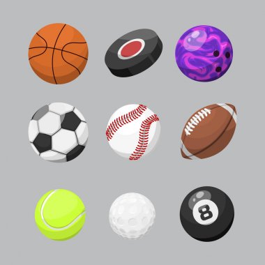 Spor topları izole turnuva kazanmak Yuvarlak sepet futbol ekipmanları ve Rekreasyon deri grup geleneksel farklı tasarım vektör çizim.