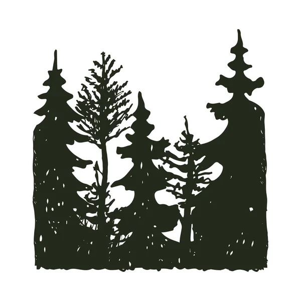 Arbre extérieur voyage noir silhouette conifères naturel badge, sommets pin épinette branche cèdre et plante feuille abstrait tige dessin vectoriel illustration . — Image vectorielle