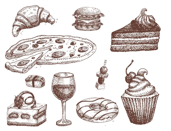 Ručně tažené potraviny skica pro menu restaurace produktů a doodle jídlo kuchyně vektorové ilustrace. — Stockový vektor