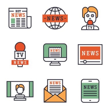 Sıcak haber simgeleri düz stil renkli set web siteleri mobil ve basılı medya gazetesi iletişim kavramı Internet bilgi vektör çizim.
