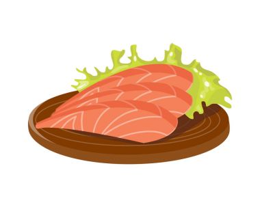 Ahşap tahta taze et plaka sağlıklı fileto yemek yemek vektör ve gurme gıda diyet madde hazırlanan bölümü illüstrasyon kırmızı tuzlu balık slice.