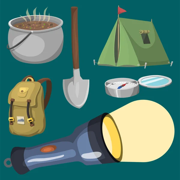 Matériel de camping de randonnée équipement de base et accessoires de camping illustration vectorielle de voyage de dessin animé en plein air . — Image vectorielle