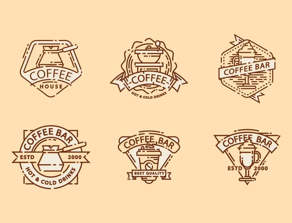 咖啡的徽章食物细线刻字为餐厅，咖啡厅菜单咖啡的房子和商店贴纸矢量. — 图库矢量图片