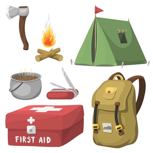 Hiking camping equipment base camp gear and accessories outdoor cartoon travel vector illustration.