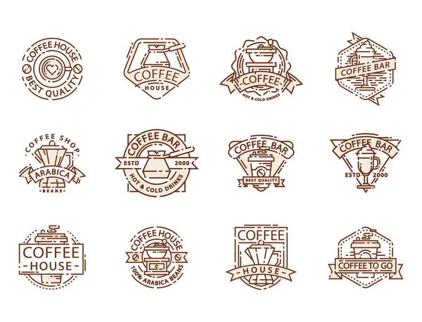 咖啡的徽章食物细线刻字为餐厅，咖啡厅菜单咖啡的房子和商店贴纸矢量. — 图库矢量图片