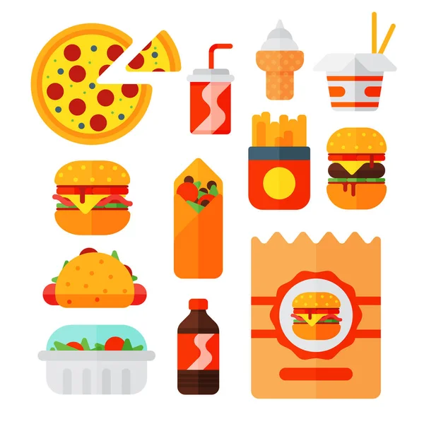 Conjunto de coloridos iconos de comida rápida de dibujos animados restaurante aislado sabroso americano hamburguesa con queso carne y hamburguesa poco saludable vector ilustración . — Archivo Imágenes Vectoriales