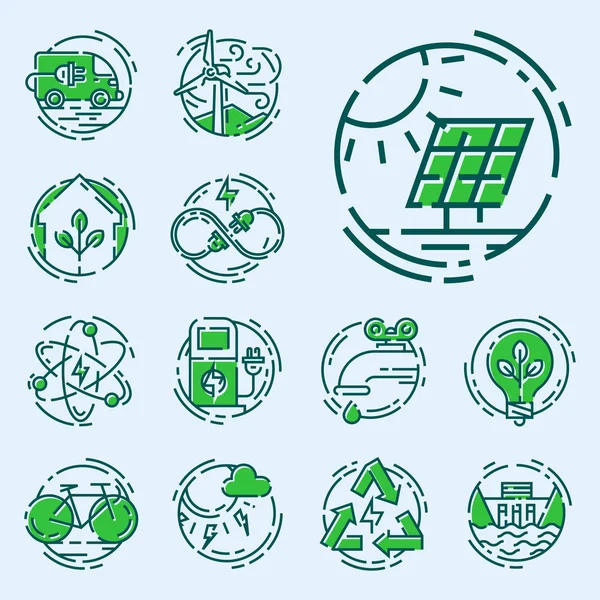 Ecologia verde ícones de conservação de energia e estilo esboço ecológico mundo poder vetor ilustração . — Vetor de Stock