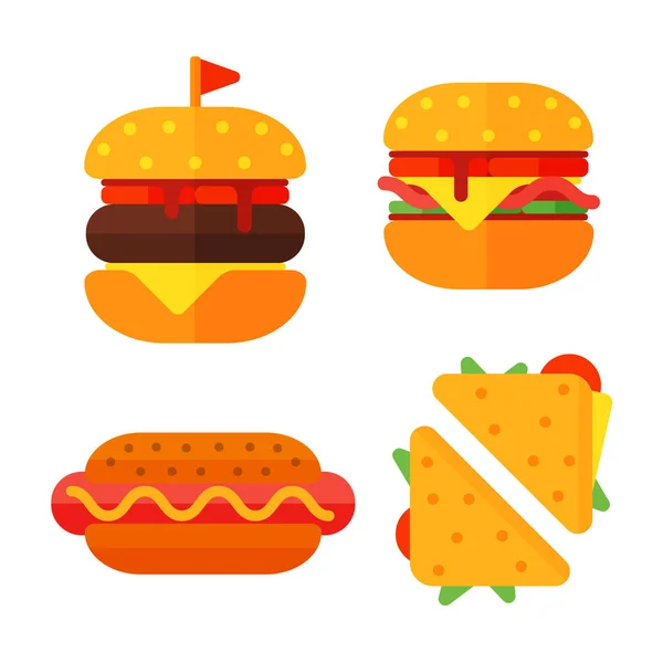 Set of colorful cartoon fast food icons isolated restaurant tasty american cheeseburger meat and unhealthy burger meal vector illustration. — Stock Vector