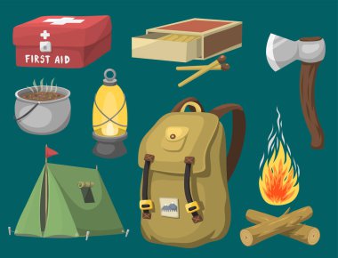 Ekipman temel kamp dişli ve aksesuarları açık çizgi film seyahat vektör çizim kamp hiking.
