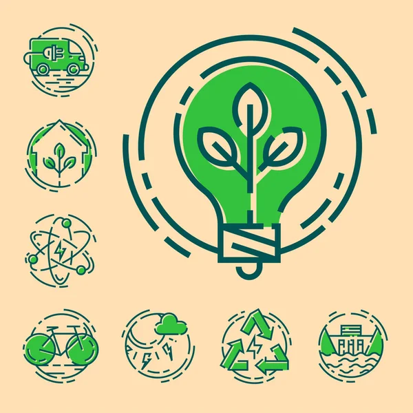 Ecología verde iconos de conservación de energía y esbozar el estilo ecológico mundial vector de poder ilustración . — Vector de stock