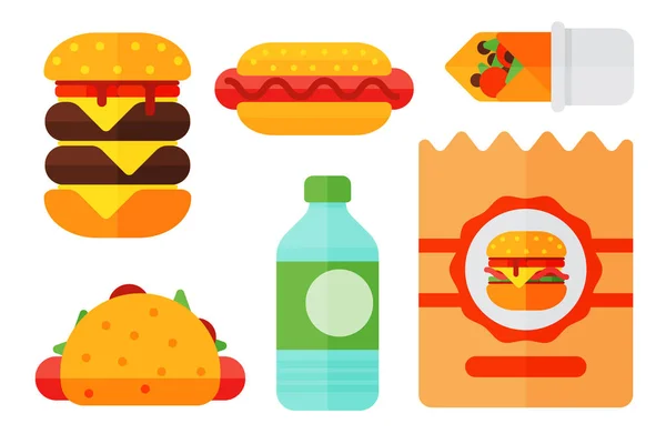 Reeks van kleurrijke cartoon fastfood pictogrammen geïsoleerde restaurant smakelijke Amerikaanse cheeseburger vlees en ongezonde hamburger maaltijd vectorillustratie. — Stockvector