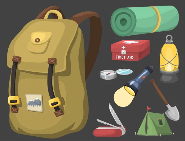 Hiking camping equipment base camp gear and accessories outdoor cartoon travel vector illustration.