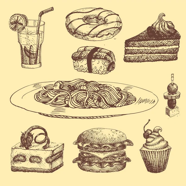 Hand dras mat skiss för meny restaurang produkt och doodle måltid mat vektorillustration. — Stock vektor