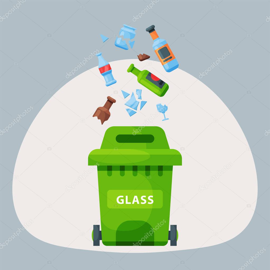 Recycling garbage glass trash bag tires management industry utilize waste can vector illustration.
