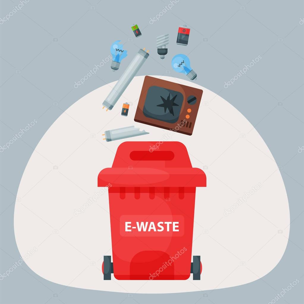 Recycling garbage elements trash tires management industry utilize e-waste can vector illustration.