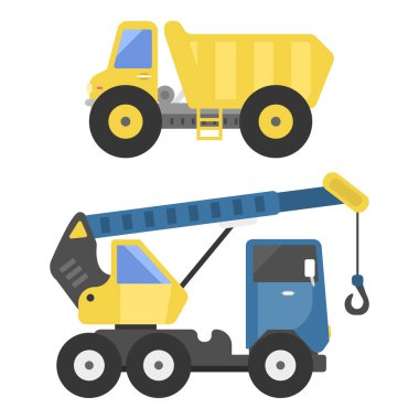 İnşaat teslimat kamyonu ulaşım araç taşıyıcı yol makine ekipman vektör.