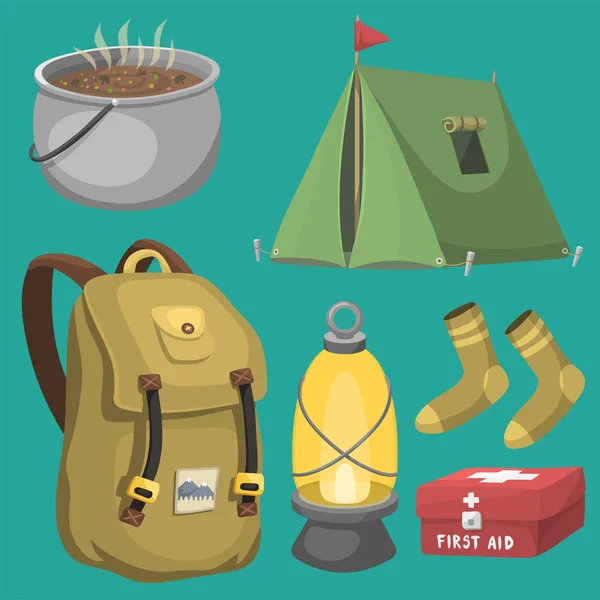 Matériel de camping de randonnée équipement de base et accessoires de camping illustration vectorielle de voyage de dessin animé en plein air . — Image vectorielle