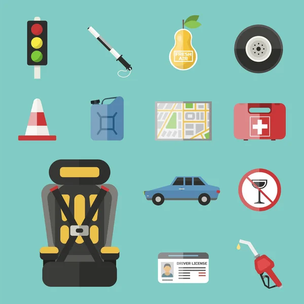 Auto transport automobilist pictogram symbool voertuig apparatuur service auto bestuurder tools vector illustratie. — Stockvector