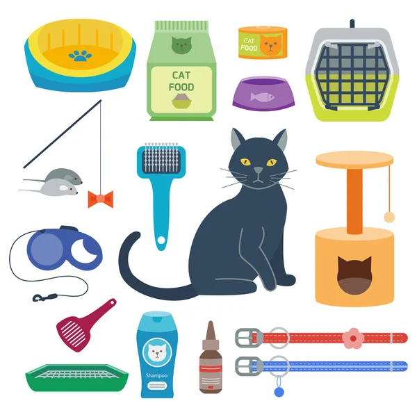 Kleurrijke kat accessoire schattig vector dierlijke pictogrammen huisdier apparatuur voedsel binnenlandse katachtige illustratie. — Stockvector