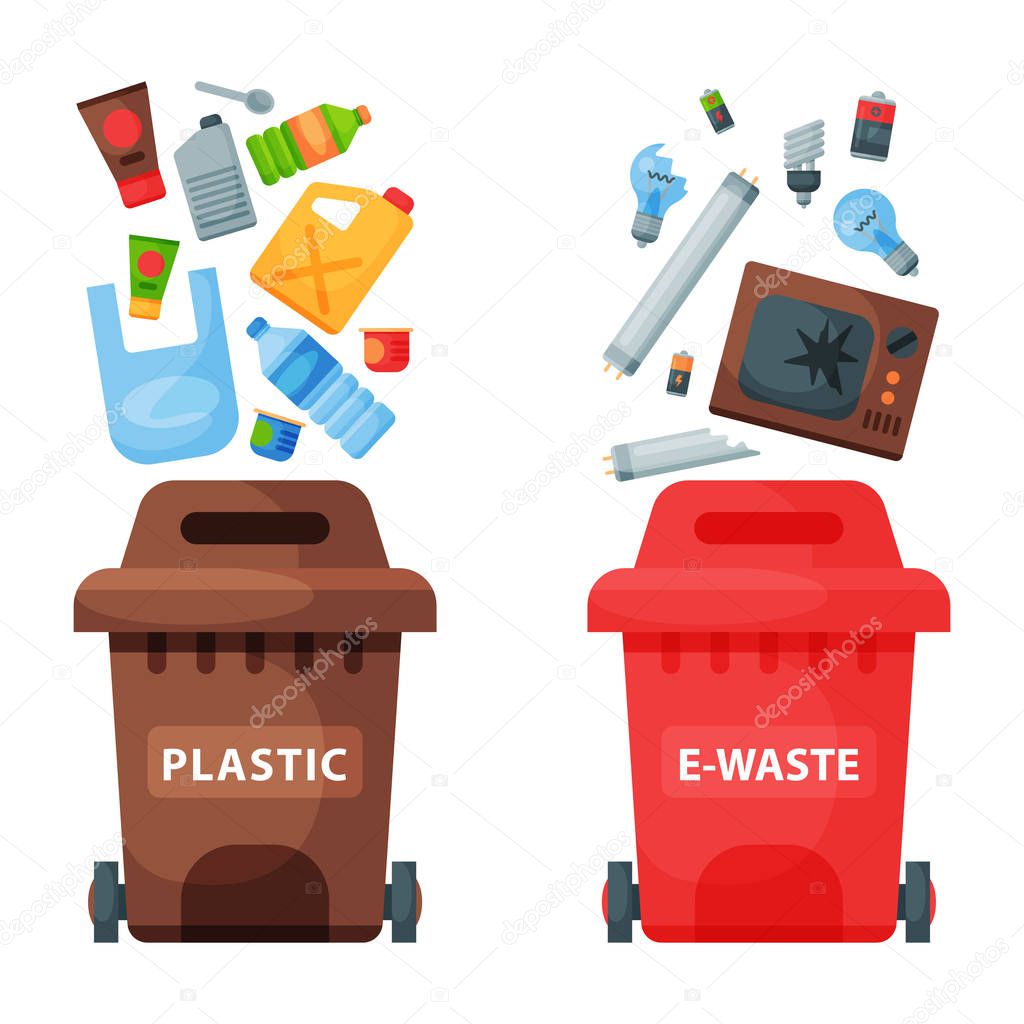 Recycling garbage elements trash bags tires management industry utilize waste can vector illustration.