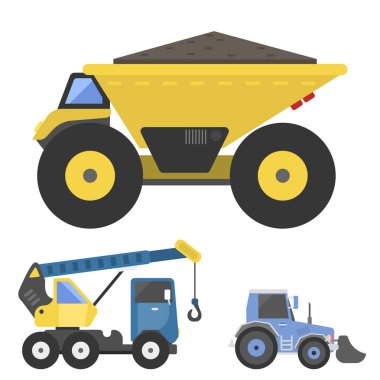 İnşaat teslimat kamyonu ulaşım araç taşıyıcı yol makine ekipman vektör.