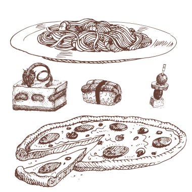 Çizilmiş gıda kroki menü Restoran ürün için el ve yemek mutfağı vektör çizim doodle.