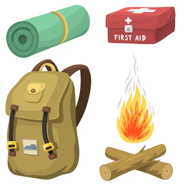 Hiking camping equipment base camp gear and accessories outdoor cartoon travel vector illustration.