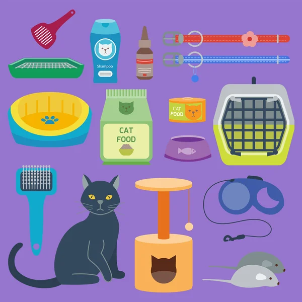 Színes macska kellék aranyos vektor állati ikonok kisállat felszerelés élelmiszer hazai macskaféle illusztráció. — Stock Vector