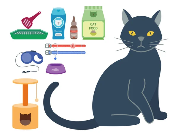 Accessoire coloré chat mignon vecteur animaux icônes équipement pour animaux de compagnie nourriture illustration féline domestique . — Image vectorielle