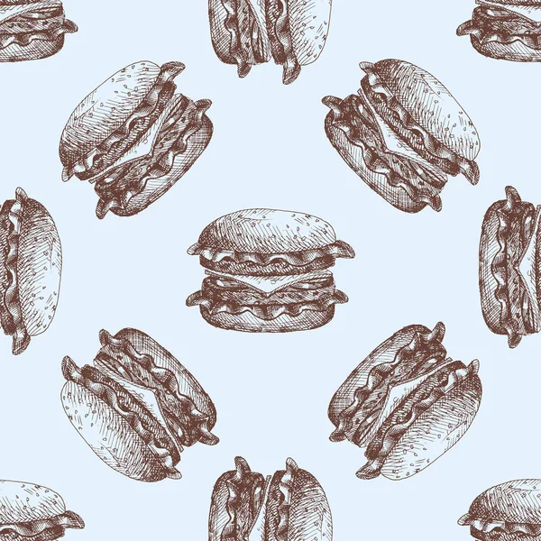 Desenho de comida desenhada à mão para menu sem costura produto padrão doodle hamburger vetor ilustração . — Vetor de Stock