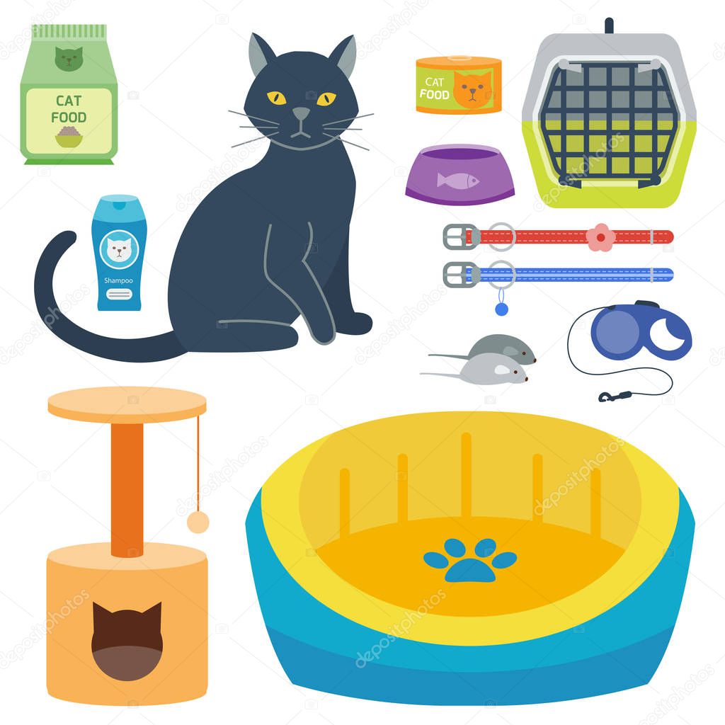 Colorful cat accessory cute vector animal icons pet equipment food domestic feline illustration.