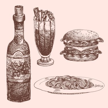 Çizilmiş gıda kroki menü Restoran ürün için el ve yemek mutfağı vektör çizim doodle.