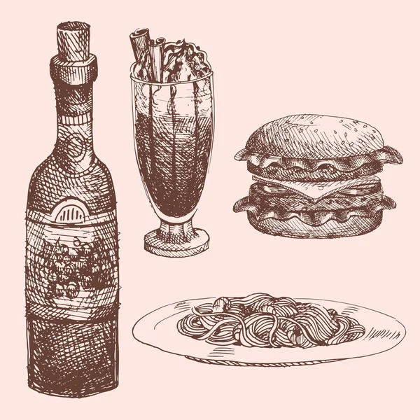 Schizzo di cibo disegnato a mano per il prodotto del ristorante menu e l'illustrazione vettoriale della cucina dei pasti scarabocchi . — Vettoriale Stock