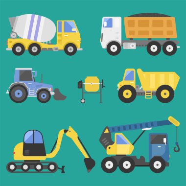 İnşaat teslimat kamyonu ulaşım araç taşıyıcı yol makine ekipman vektör.