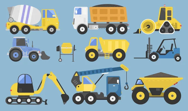 Maquinaria y equipo de construcción con camiones grúa bulldozer plana vector de transporte amarillo ilustración — Archivo Imágenes Vectoriales